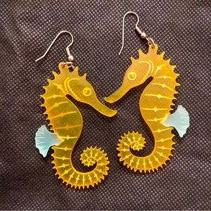 Seahorse statement earrings laser cut neon orange